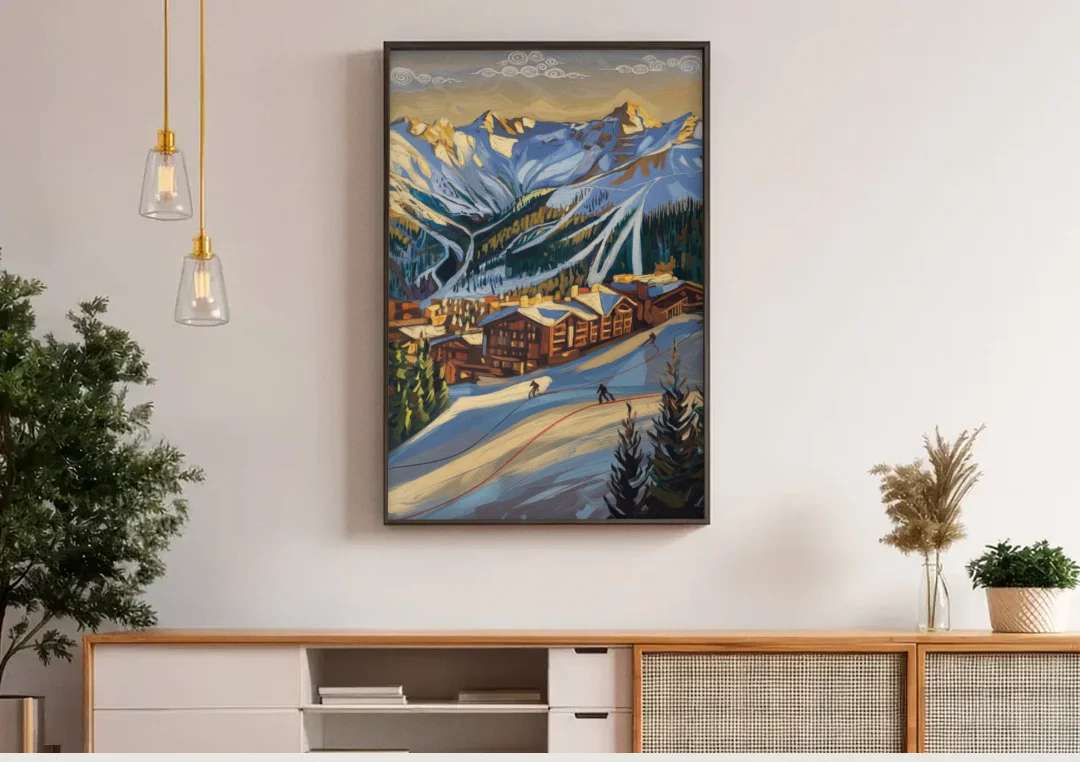 Breckenridge Ski Resort Panorama canvas wall art above a wooden sideboard under pendant lights