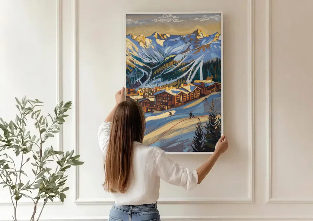 Breckenridge Ski Resort Panorama canvas wall art being hung on a paneled wall