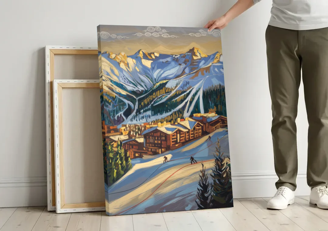 Breckenridge Ski Resort Panorama canvas wall art leaning against a wall next to blank canvases