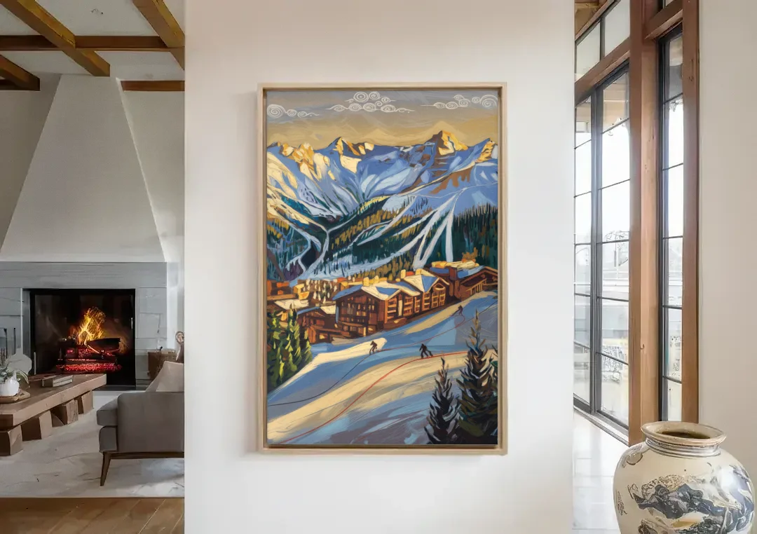 Breckenridge Ski Resort Panorama canvas wall art in a living room with a fireplace