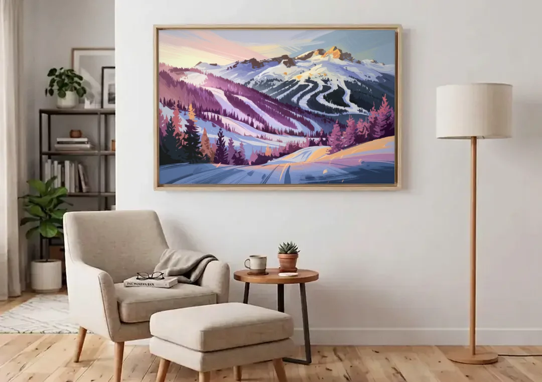 Breckenridge Snowy Peaks canvas wall art above an armchair in a bright living room