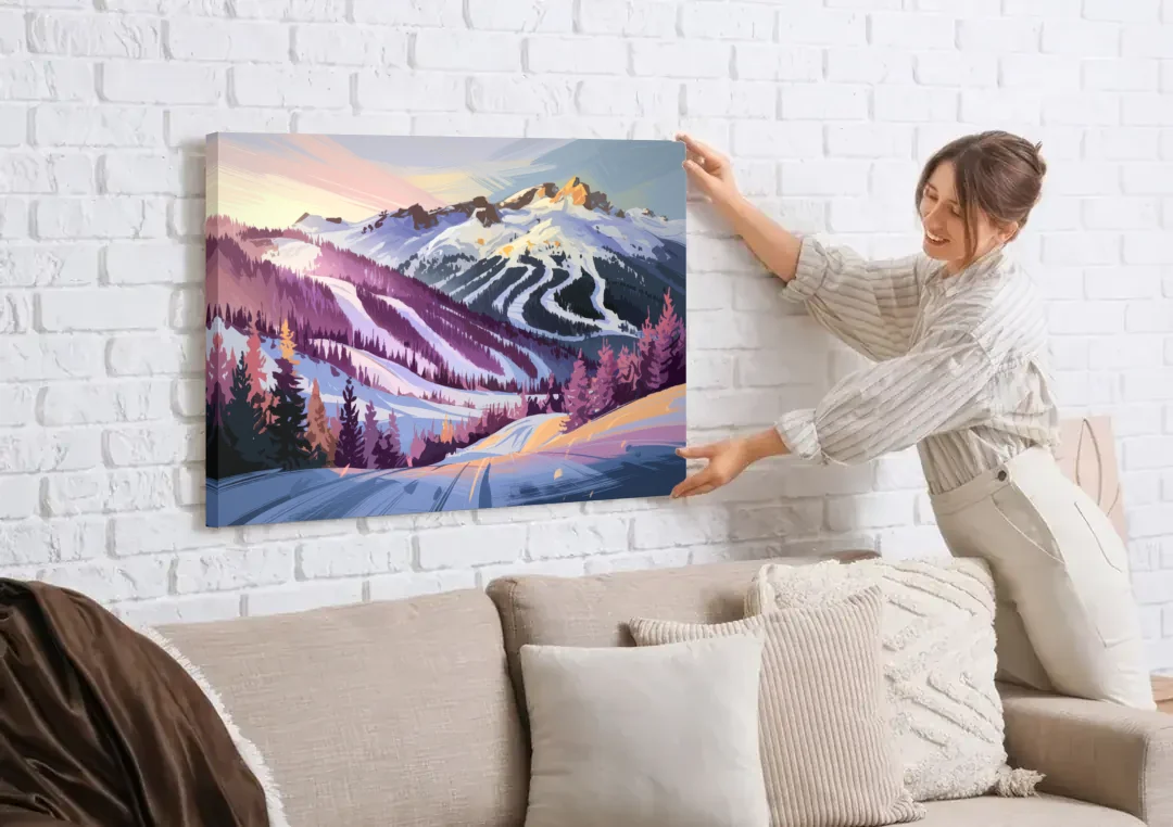 Breckenridge Snowy Peaks canvas wall art being hung on a white brick wall above a sofa