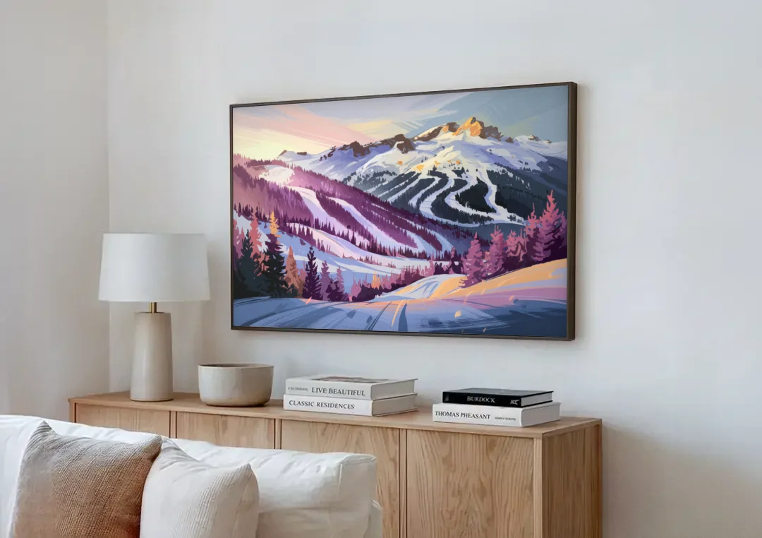 Breckenridge Snowy Peaks canvas wall art above a wooden sideboard next to a sofa