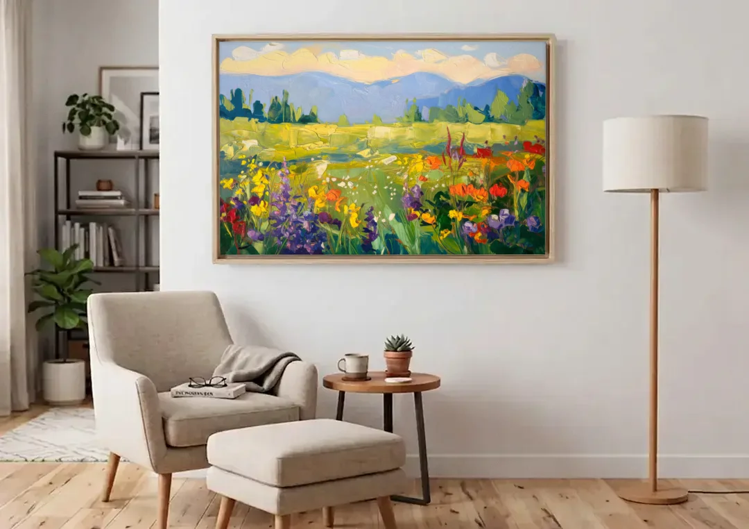 Breckenridge Summer Wildflowers canvas wall art above an armchair in a bright living room