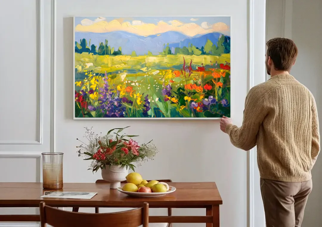 Breckenridge Summer Wildflowers canvas wall art above a dining table