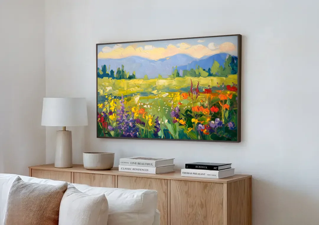 Breckenridge Summer Wildflowers canvas wall art above a wooden sideboard next to a sofa