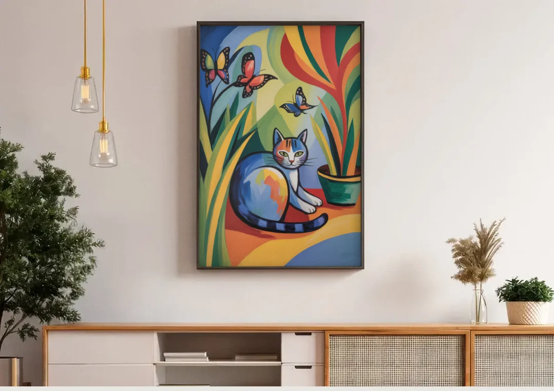 Breezy Cat Garden canvas wall art above a wooden sideboard under pendant lights