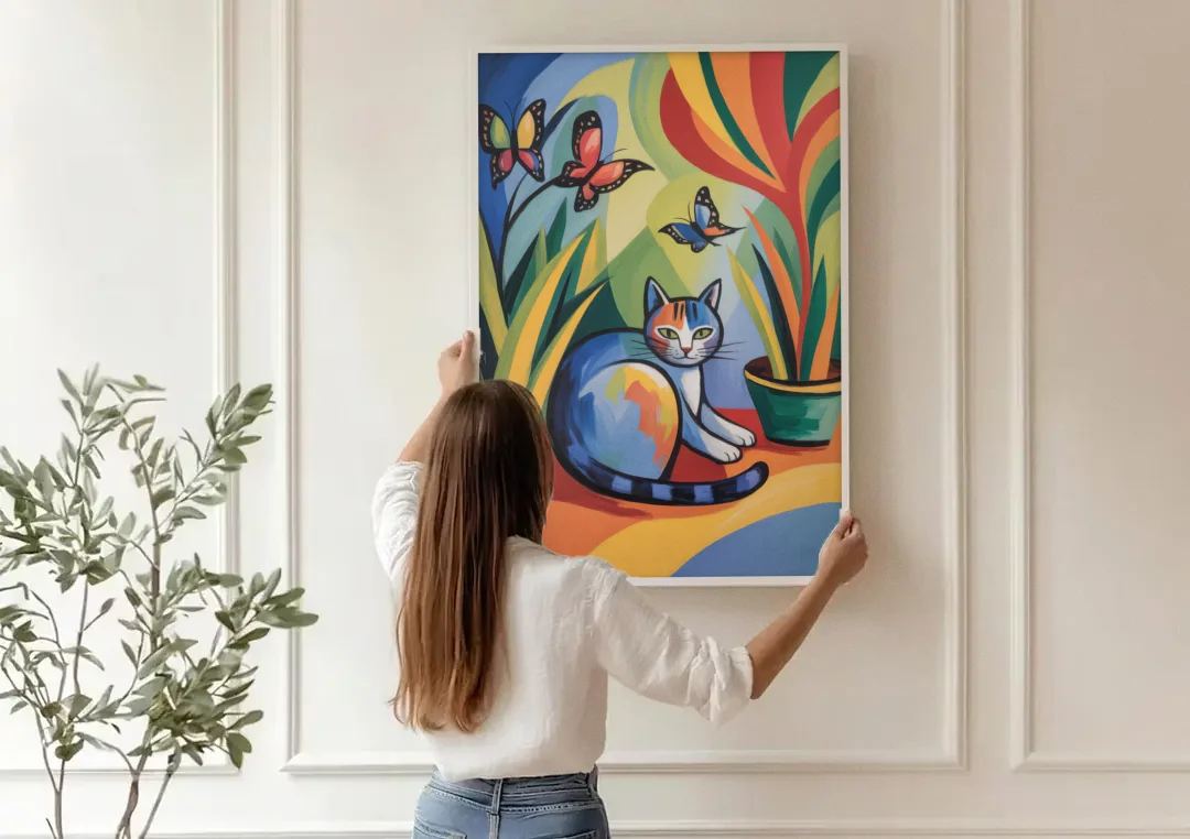 Breezy Cat Garden canvas wall art being hung on a paneled wall