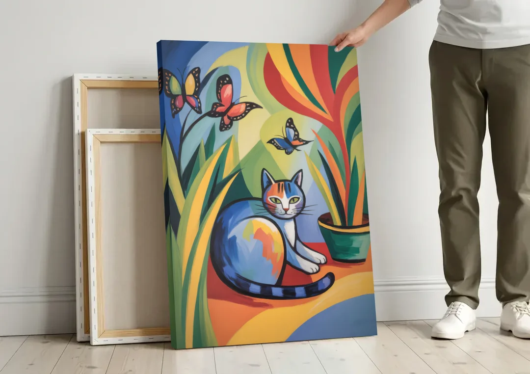 Breezy Cat Garden canvas wall art leaning against a wall next to blank canvases