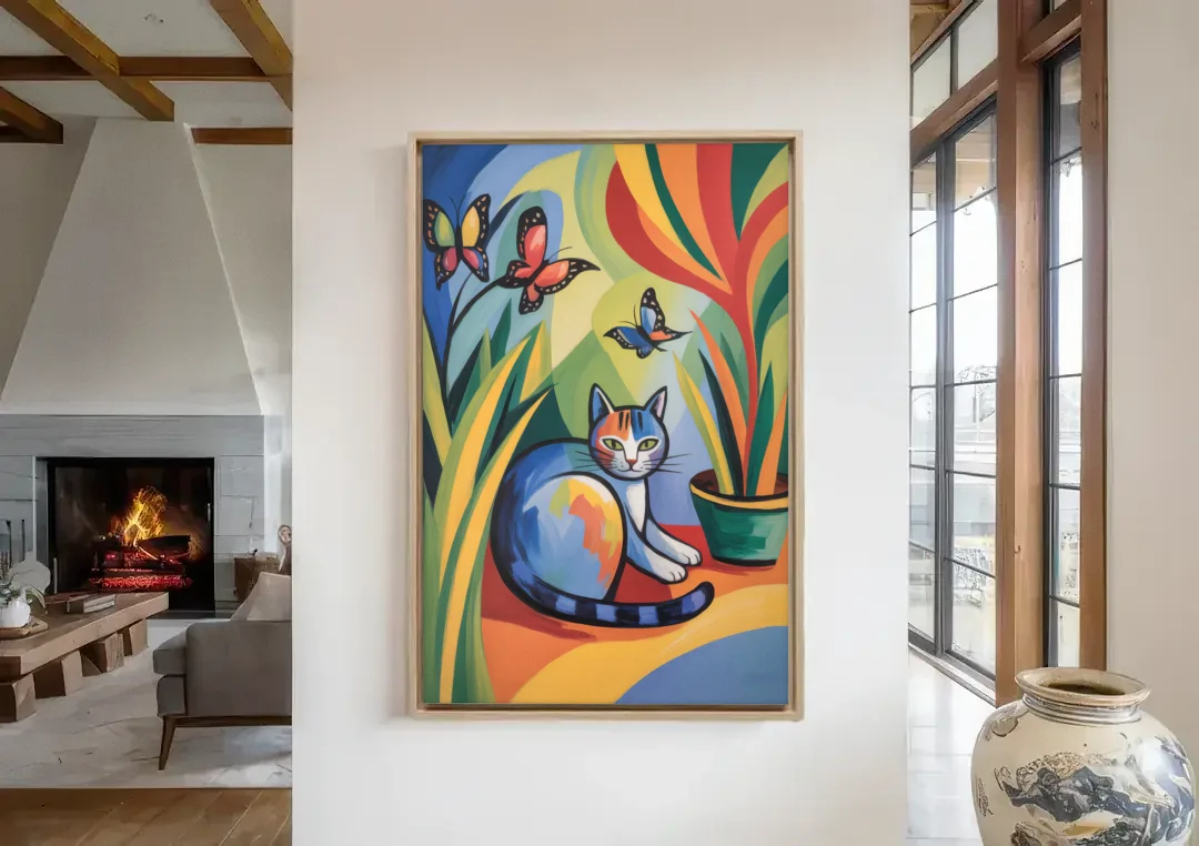 Breezy Cat Garden canvas wall art in a living room with a fireplace