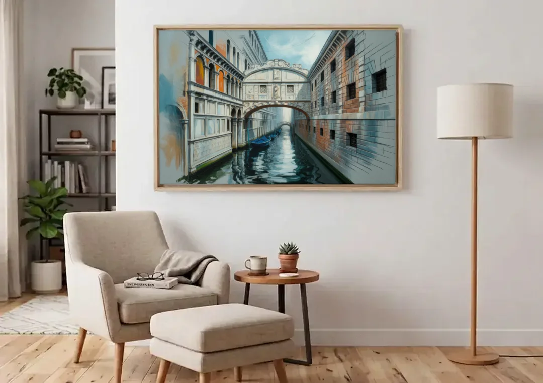 Bridge of Sighs Whisper canvas wall art above an armchair in a bright living room