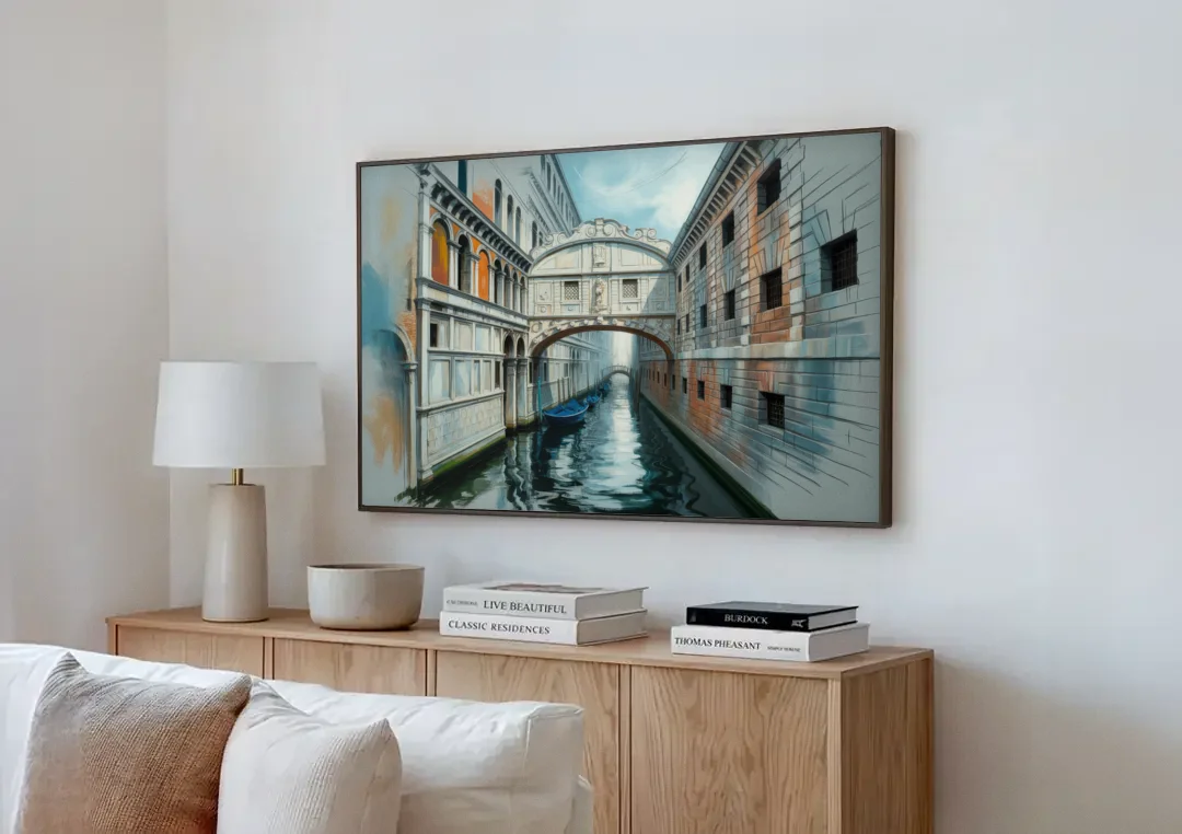Bridge of Sighs Whisper canvas wall art above a wooden sideboard next to a sofa