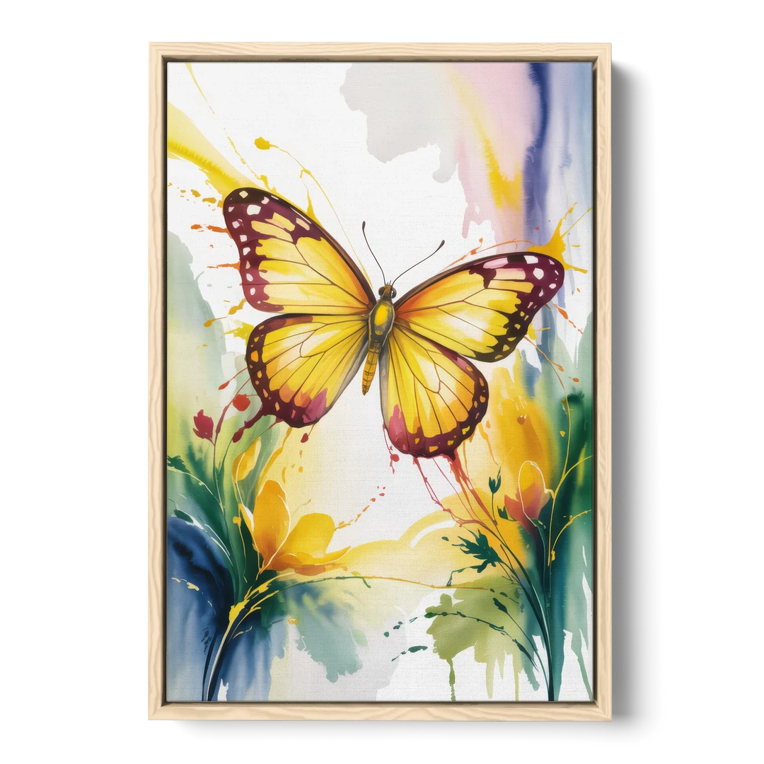 Bright Yellow Butterfly - Oak Framed Canvas Wall Art - Front