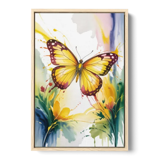 Bright Yellow Butterfly - Oak Framed Canvas Wall Art - Front