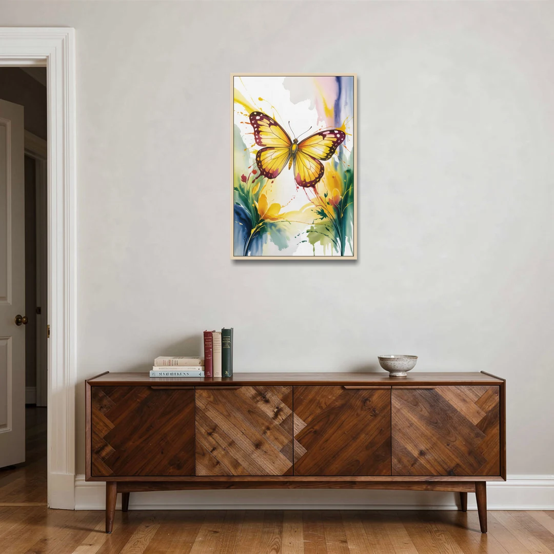 Bright Yellow Butterfly - Oak Framed Canvas Wall Art - Coffee Table - 24x36