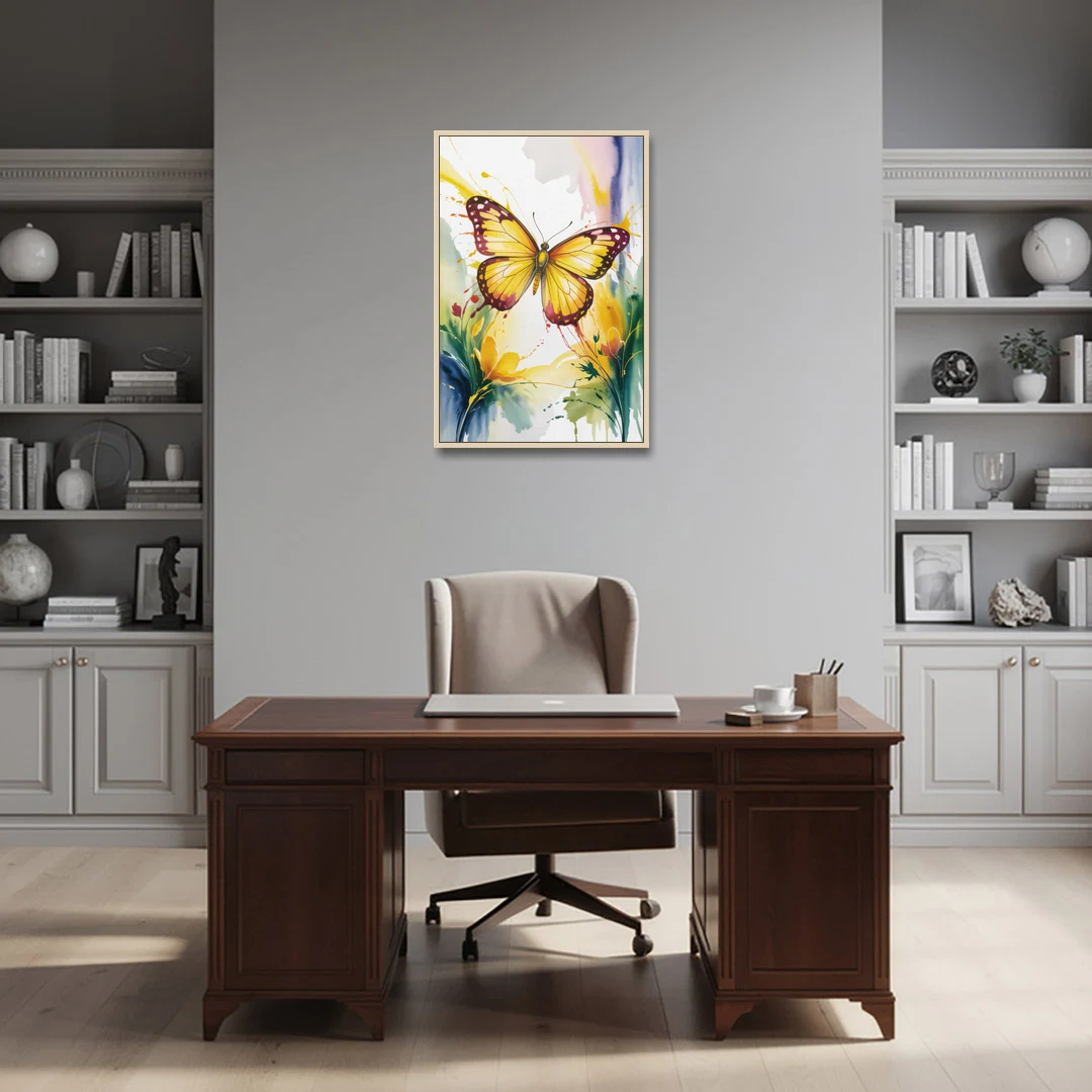 Bright Yellow Butterfly - Oak Framed Canvas Wall Art - Office - 24x36