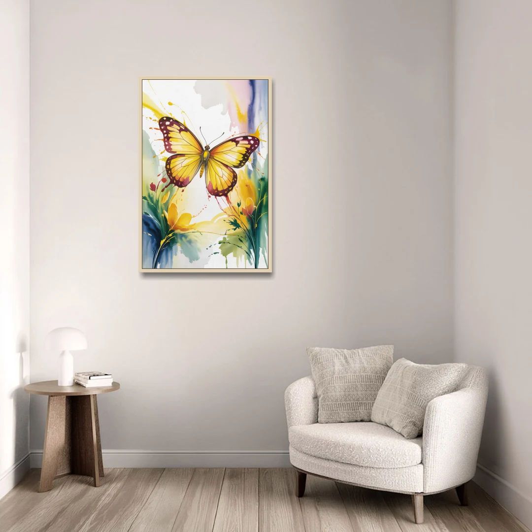 Bright Yellow Butterfly - Oak Framed Canvas Wall Art - Sofa - 24x36