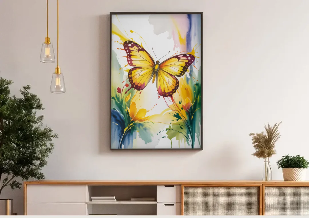 Bright Yellow Butterfly canvas wall art above a wooden sideboard under pendant lights