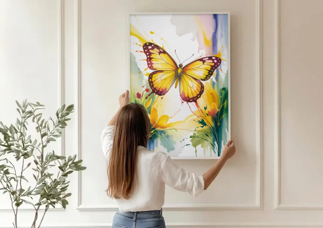 Bright Yellow Butterfly canvas wall art being hung on a paneled wall