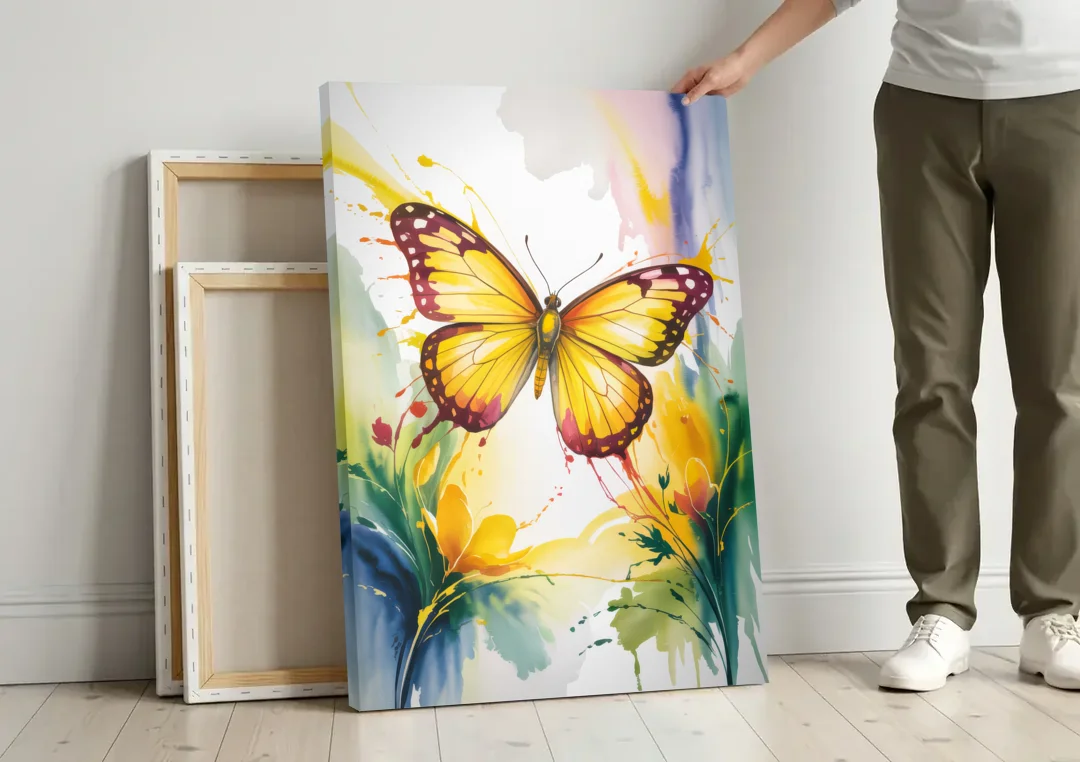 Bright Yellow Butterfly canvas wall art leaning against a wall next to blank canvases
