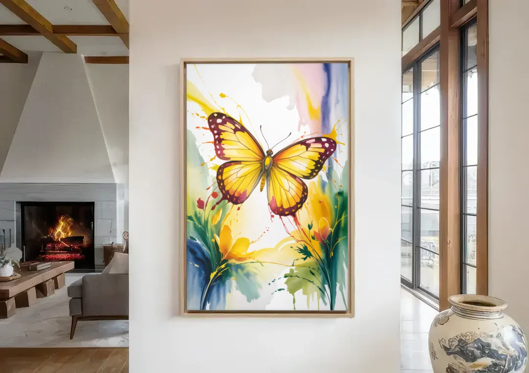 Bright Yellow Butterfly canvas wall art in a living room with a fireplace