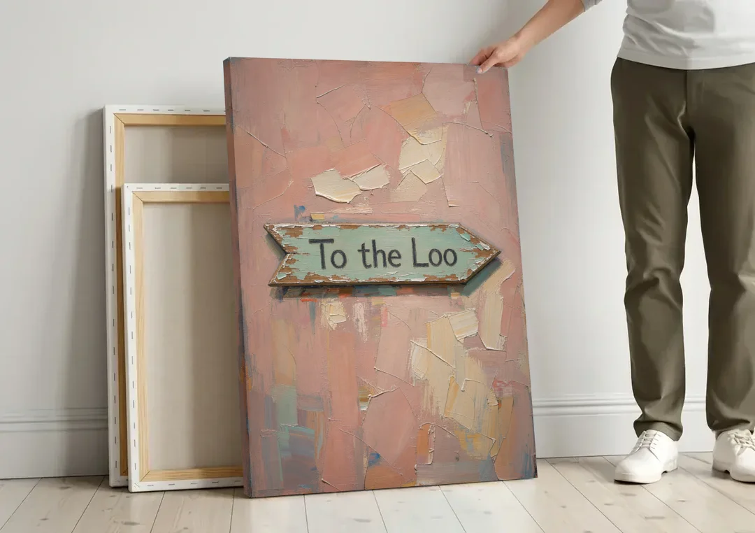 British Bathroom Decor with a Weathered Loo Arrow canvas wall art leaning against a wall next to blank canvases