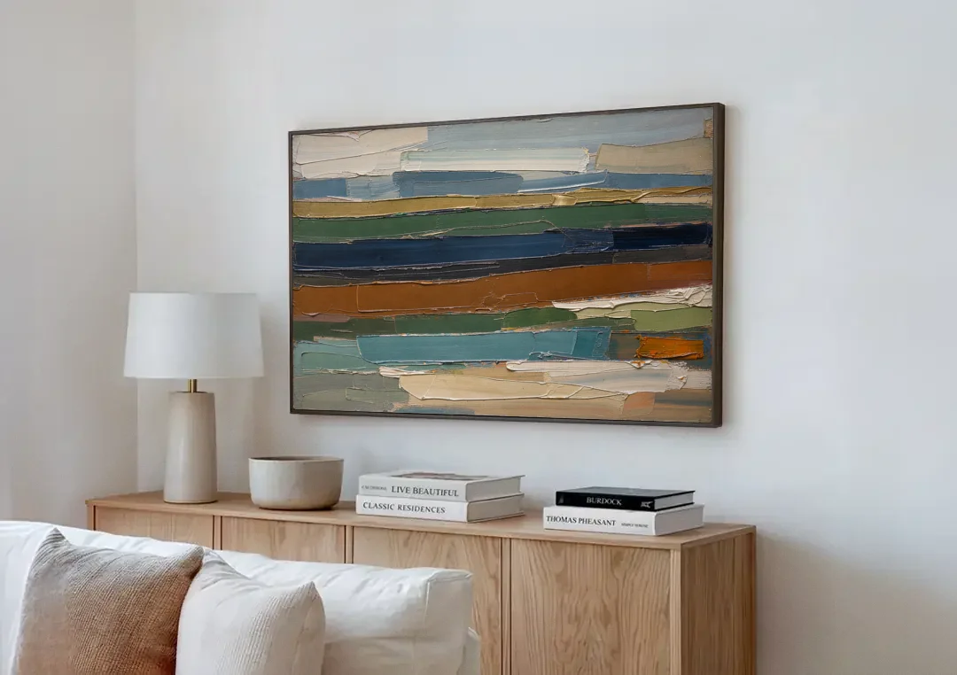 Brown Abstract Wall Art of Weathered Strata canvas wall art above a wooden sideboard next to a sofa