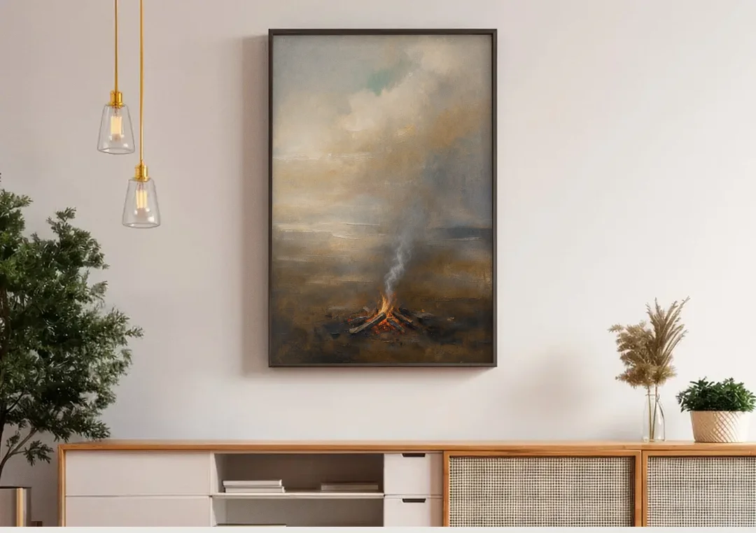 Brown and Gold Wall Art Campfire Smoke at Dusk canvas wall art above a wooden sideboard under pendant lights