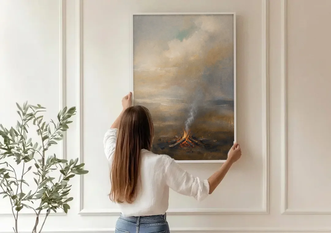 Brown and Gold Wall Art Campfire Smoke at Dusk canvas wall art being hung on a paneled wall