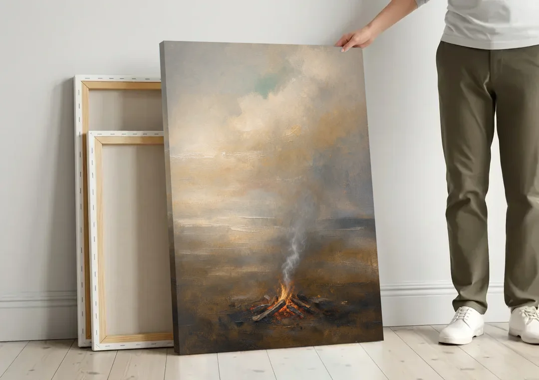 Brown and Gold Wall Art Campfire Smoke at Dusk canvas wall art leaning against a wall next to blank canvases