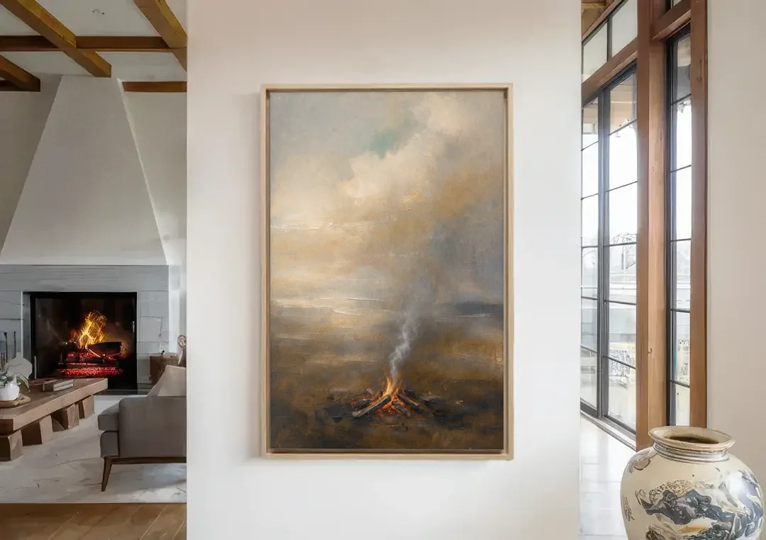 Brown and Gold Wall Art Campfire Smoke at Dusk canvas wall art in a living room with a fireplace