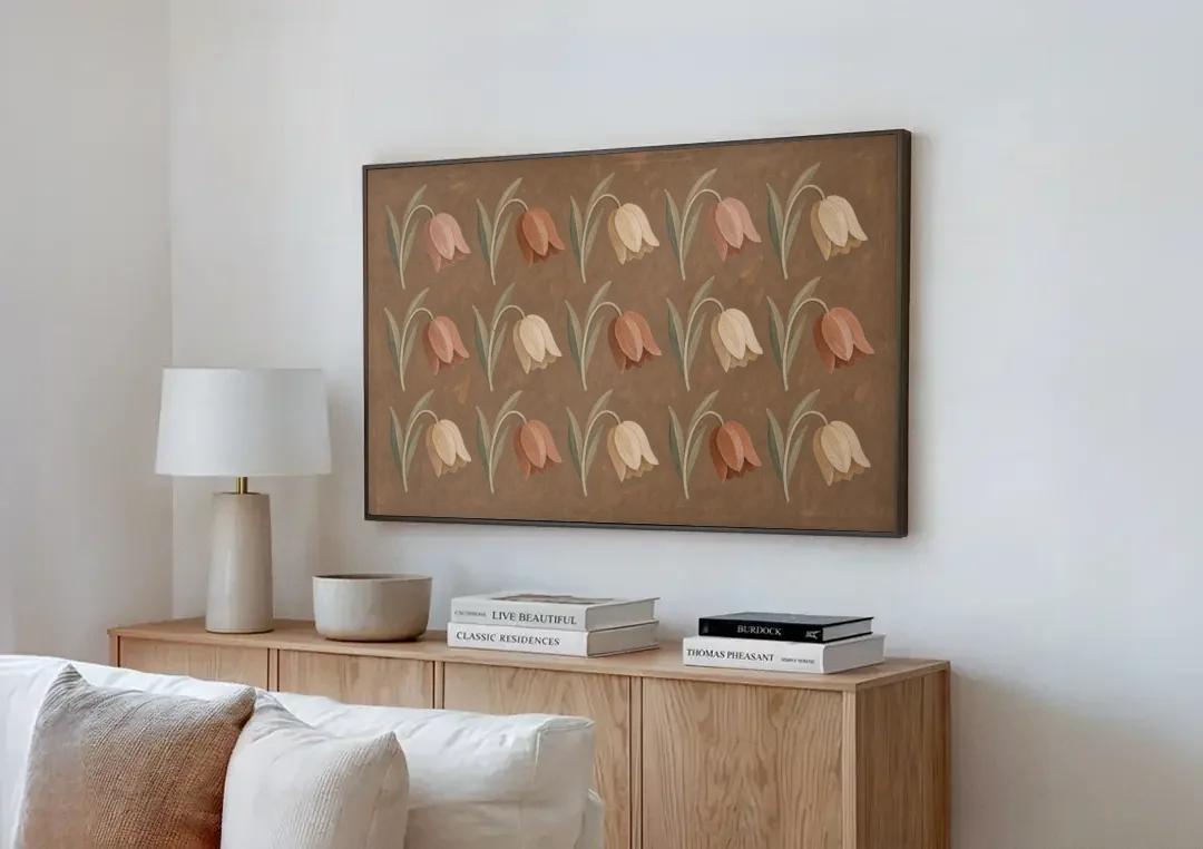 Brown Floral Wall Art with Nodding Tulip Rows canvas wall art above a wooden sideboard next to a sofa