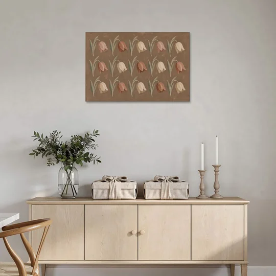 Brown Floral Wall Art with Nodding Tulip Rows - Canvas Wall Art - Coffee Table - 36x24