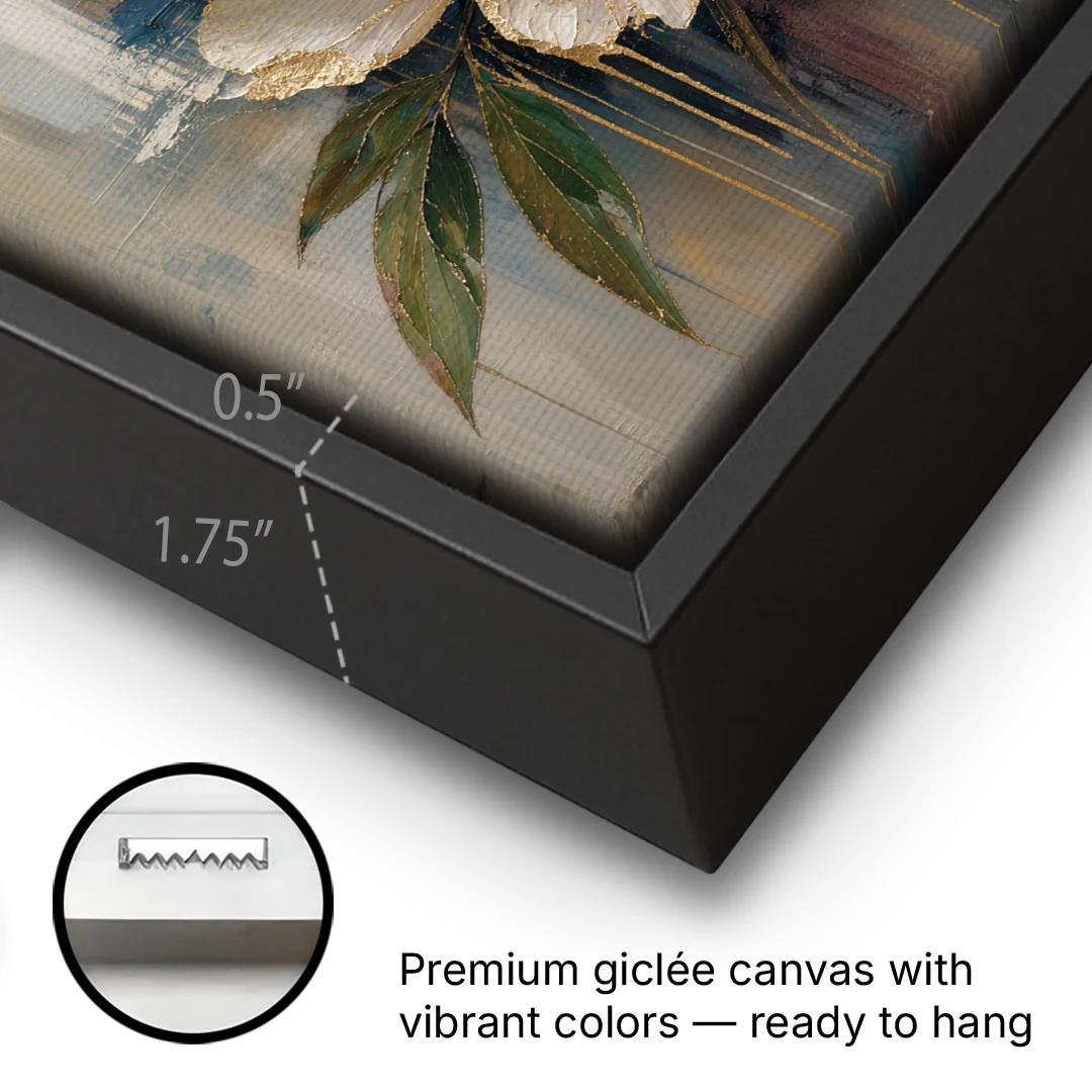 Brown Flower Wall Art with a Gilded Ivory Peony - Black Framed Canvas Wall Art - Gallery Wrap Corner