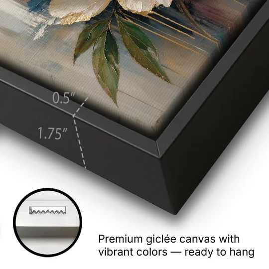 Brown Flower Wall Art with a Gilded Ivory Peony - Black Framed Canvas Wall Art - Gallery Wrap Corner