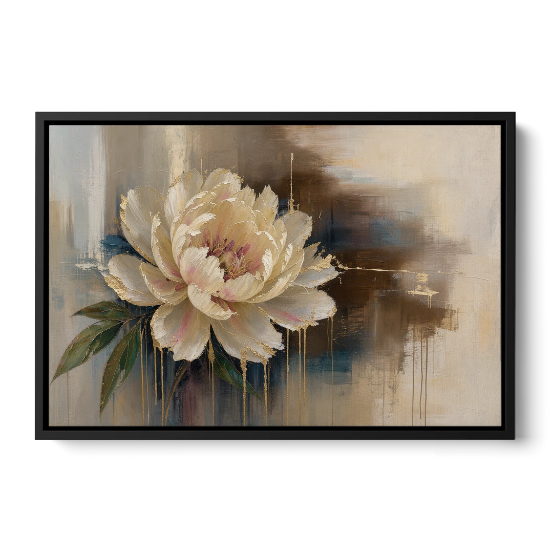 Brown Flower Wall Art with a Gilded Ivory Peony - Black Framed Canvas Wall Art - Front