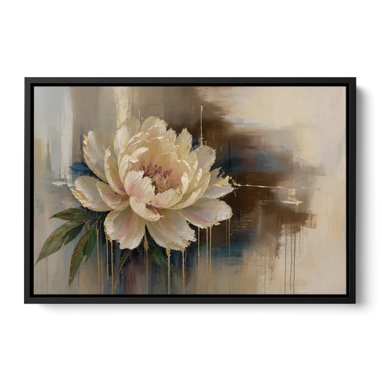 Brown Flower Wall Art with a Gilded Ivory Peony - Black Framed Canvas Wall Art - Front