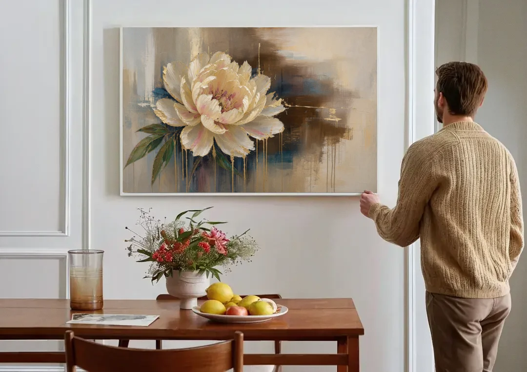 Brown Flower Wall Art with a Gilded Ivory Peony canvas wall art above a dining table