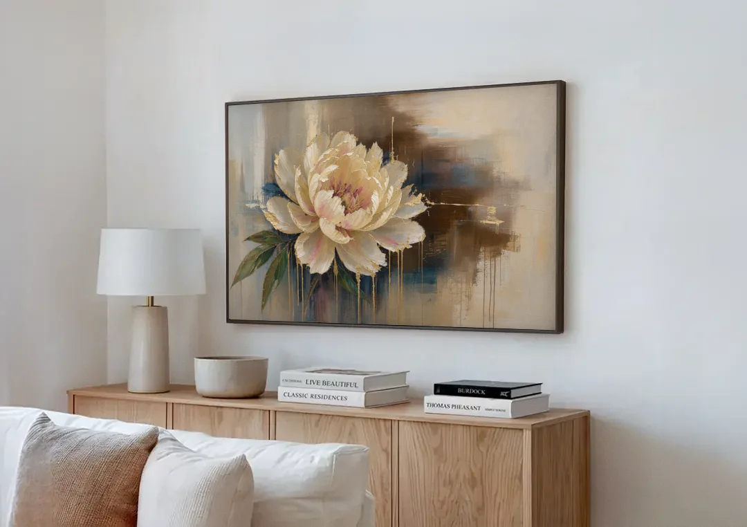 Brown Flower Wall Art with a Gilded Ivory Peony canvas wall art above a wooden sideboard next to a sofa