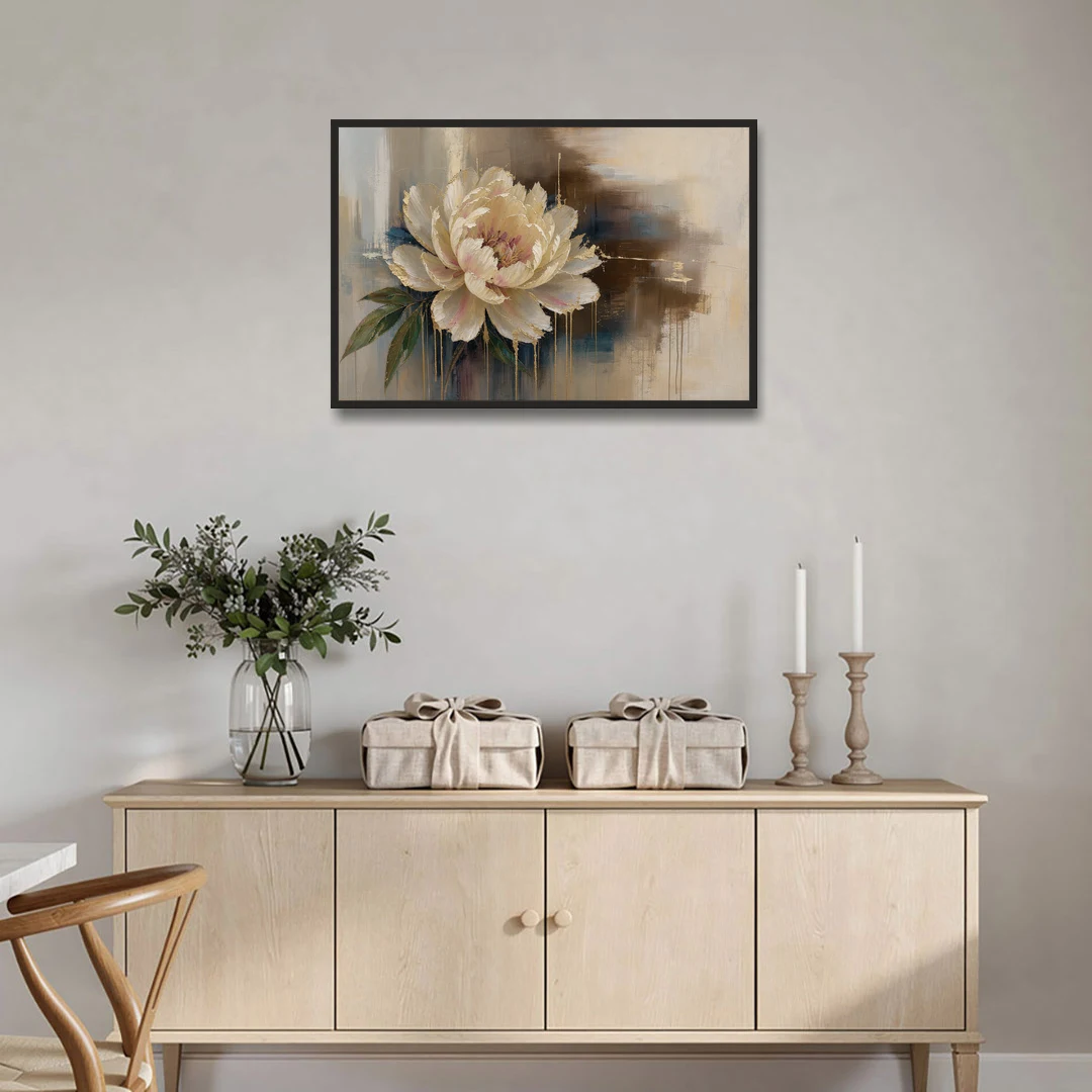 Brown Flower Wall Art with a Gilded Ivory Peony - Black Framed Canvas Wall Art - Coffee Table - 36x24