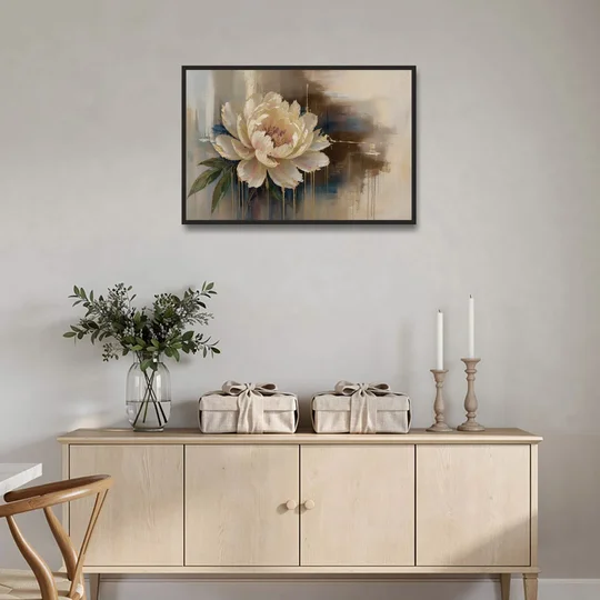 Brown Flower Wall Art with a Gilded Ivory Peony - Black Framed Canvas Wall Art - Coffee Table - 36x24