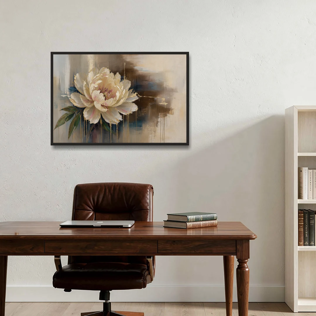 Brown Flower Wall Art with a Gilded Ivory Peony - Black Framed Canvas Wall Art - Office - 36x24
