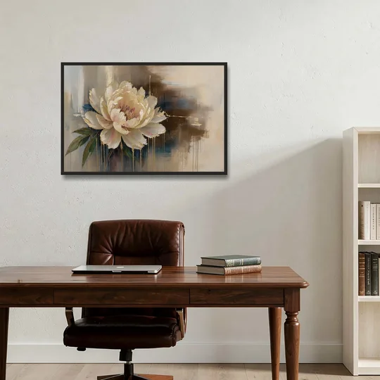 Brown Flower Wall Art with a Gilded Ivory Peony - Black Framed Canvas Wall Art - Office - 36x24