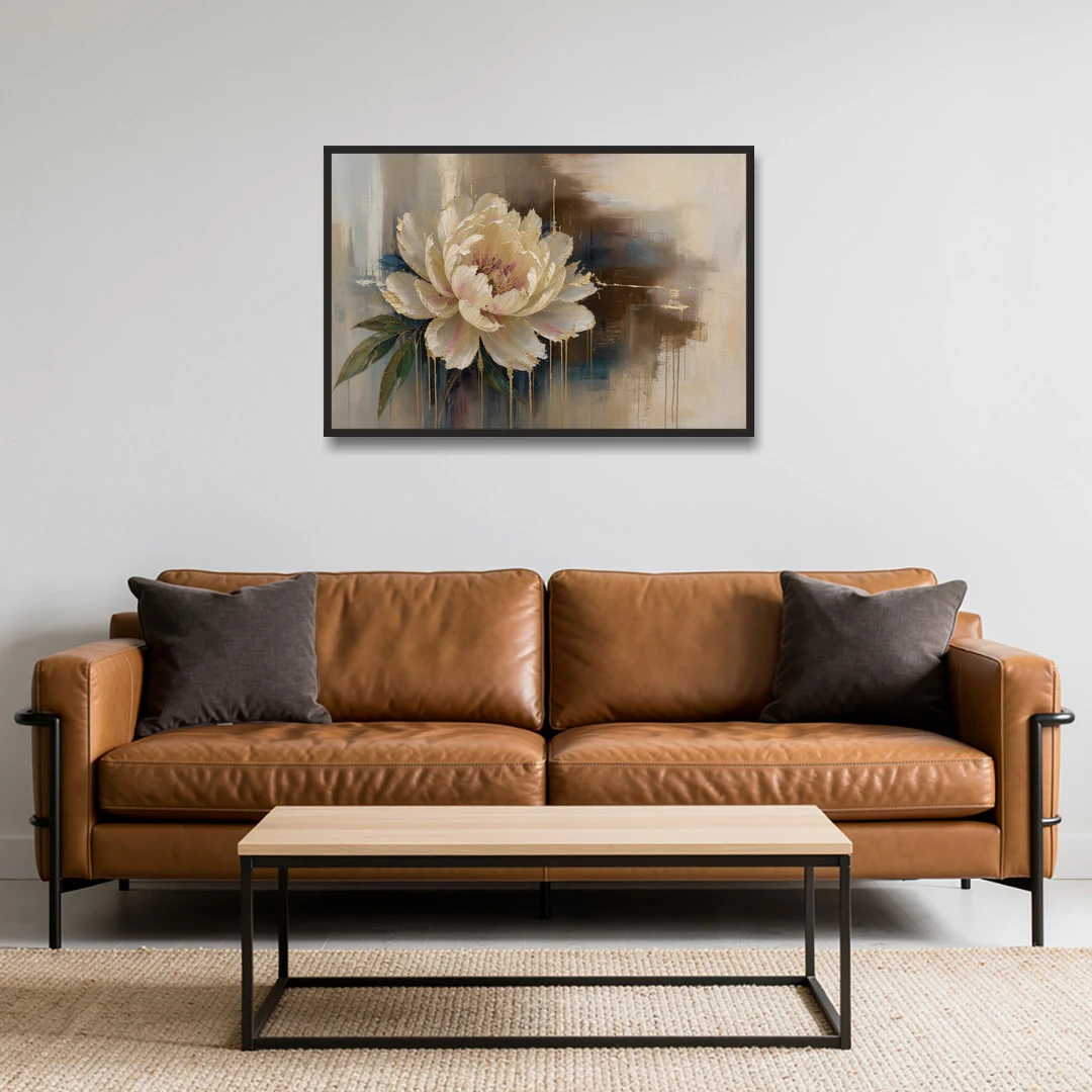 Brown Flower Wall Art with a Gilded Ivory Peony - Black Framed Canvas Wall Art - Sofa - 36x24
