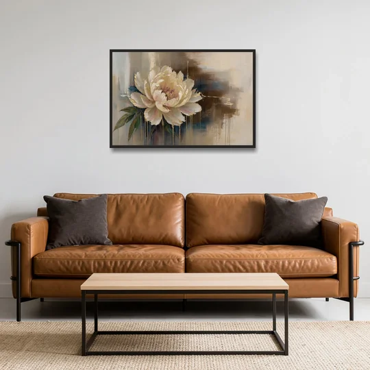 Brown Flower Wall Art with a Gilded Ivory Peony - Black Framed Canvas Wall Art - Sofa - 36x24