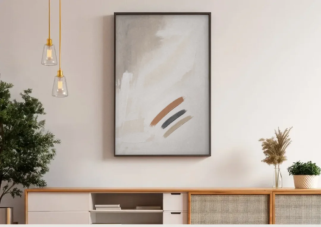 Brushstroke Wall Art Trio on Chalk White canvas wall art above a wooden sideboard under pendant lights