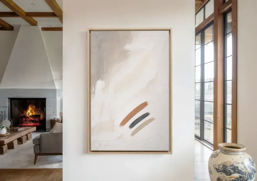 Brushstroke Wall Art Trio on Chalk White canvas wall art in a living room with a fireplace