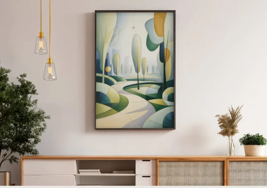 Brussels Park Tranquility canvas wall art above a wooden sideboard under pendant lights