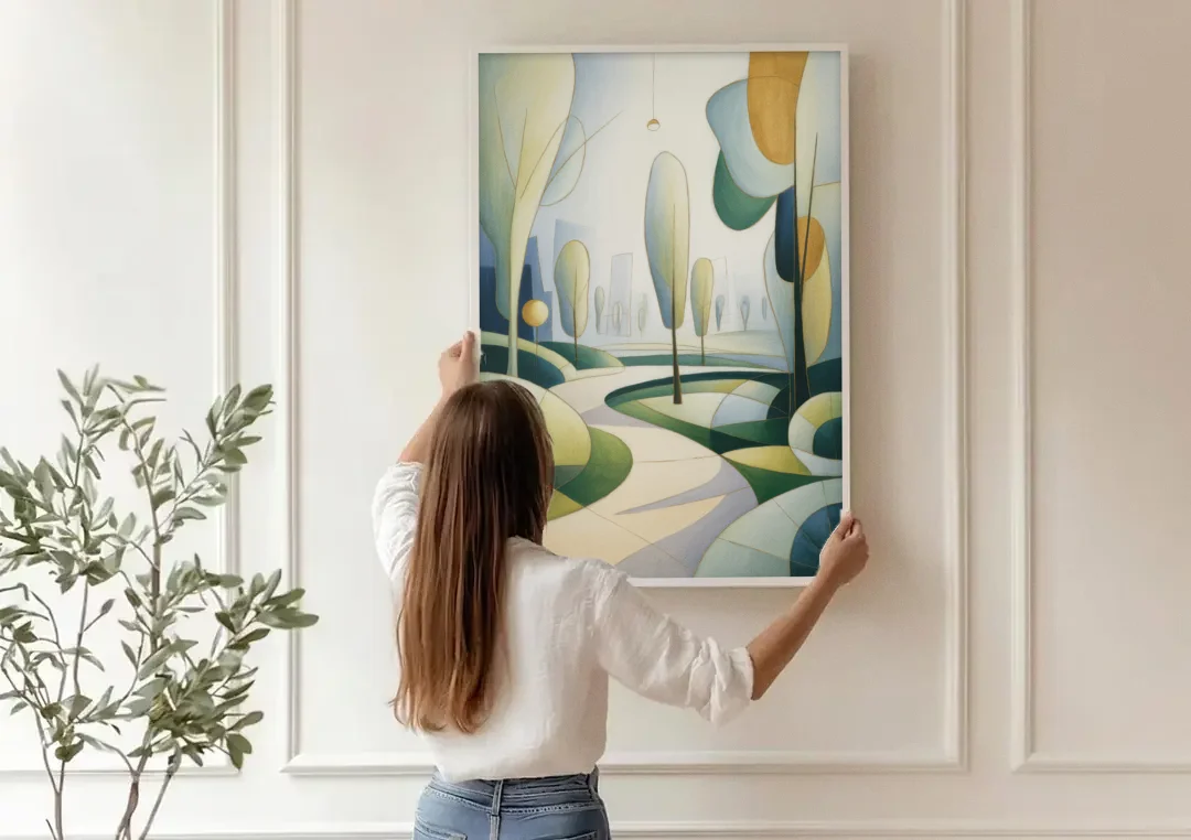 Brussels Park Tranquility canvas wall art being hung on a paneled wall