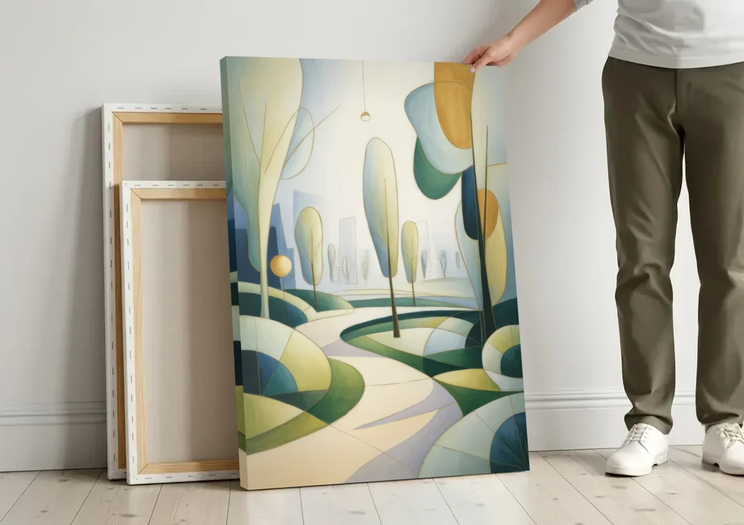 Brussels Park Tranquility canvas wall art leaning against a wall next to blank canvases
